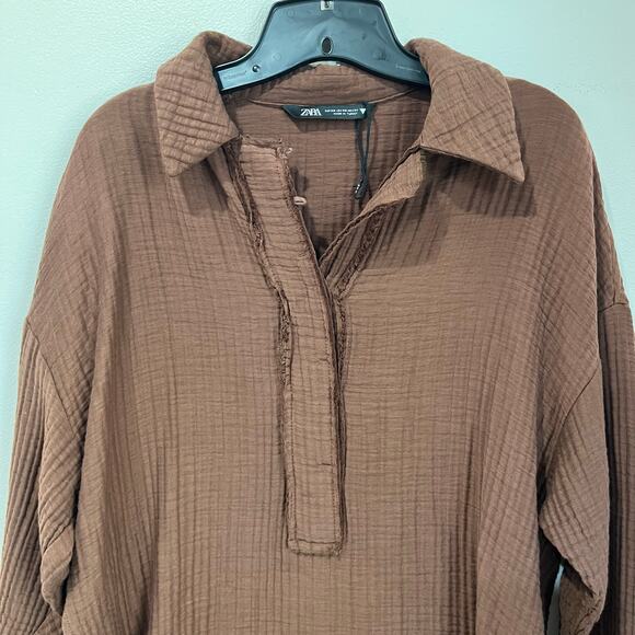 Zara Cotton Blend Oversized Top Size XS Brown Textured Gauze Relaxed Fit - Picture 5 of 8